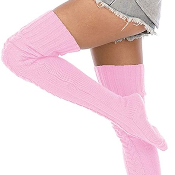 Knee High Socks Over The Knee Chunky Cable Knit Knee Highs Pink - Picture 7 of 15